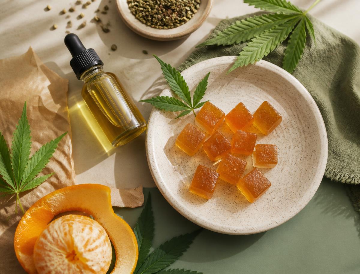 Citrus gummies, hemp leaves, orange peel and a dropper bottle arranged on a tabletop