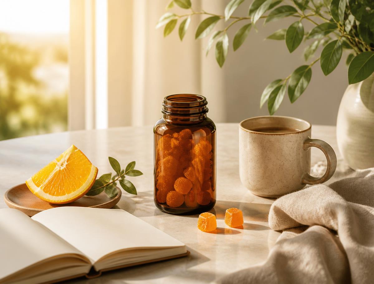 Early Bird gummies beside an orange, coffee mug and open journal in soft morning light